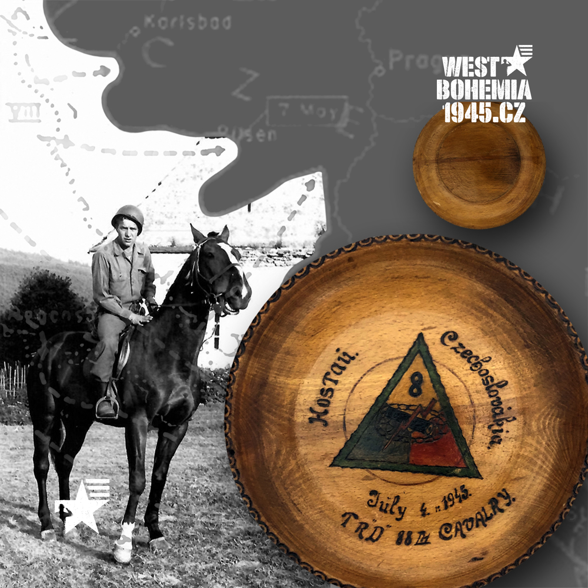 IR2002 WWII US ARMY SOUVENIR OF CZECHOSLOVAKIA WOODEN PLATE 8TH ARMORED DIVISION  HOSTAU HOSTOUN JULY 4 1945