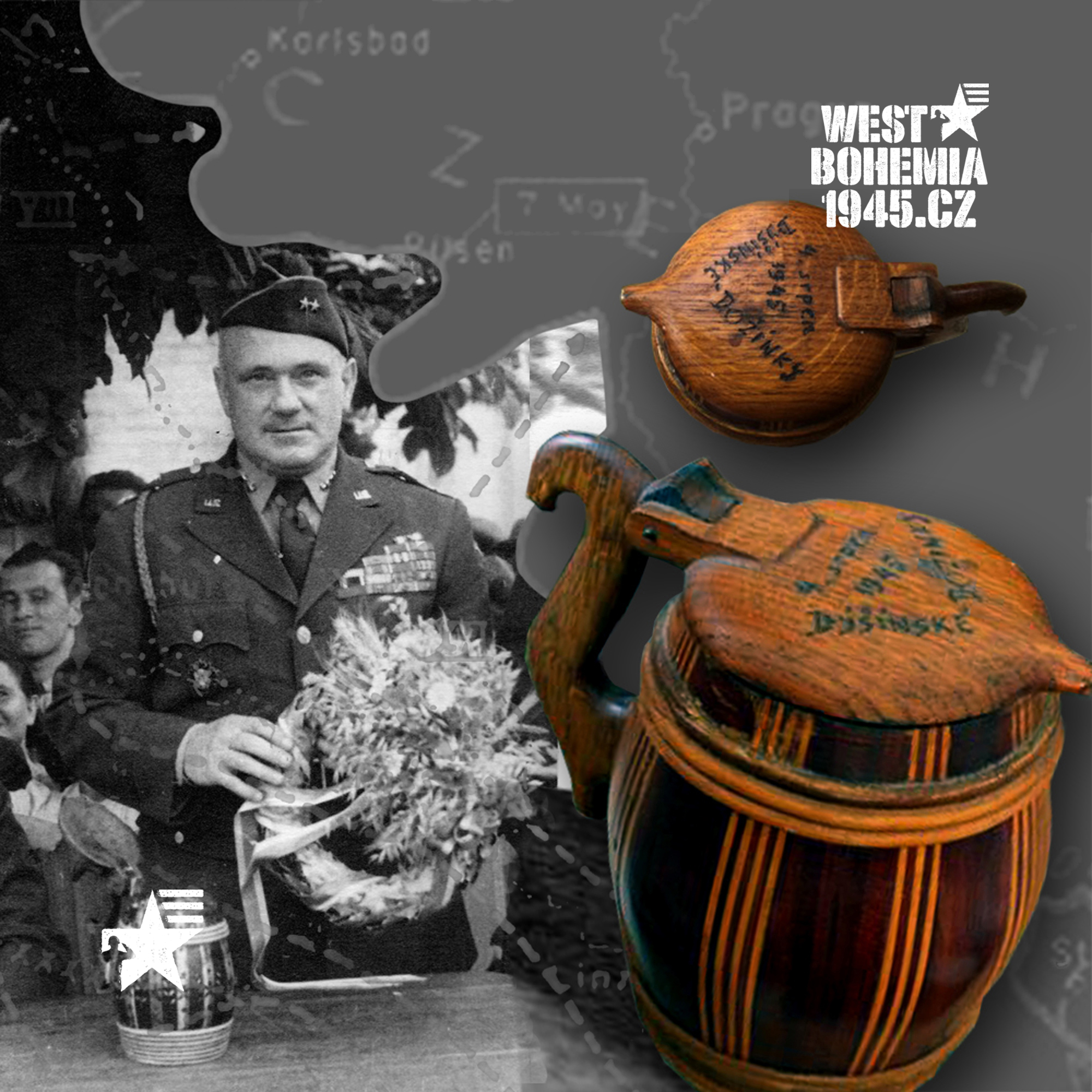IR2003 WWII US ARMY SOUVENIR OF CZECHOSLOVAKIA WOODEN MUG CZECH HARVEST CELEBRATION WITH COMMANDER OF US XXII CORPS MG ERNEST HARMON DYSINA AUGUST 4 1945