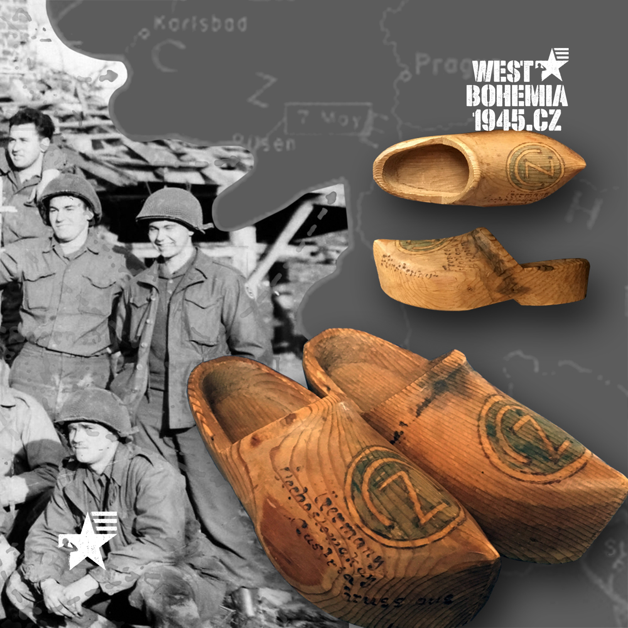 IR2005 WWII US ARMY SOUVENIR OF CZECHOSLOVAKIA WOODEN CLOGS US 102D OZARK INFANTRY DIVISION FURSTENHUT KNIZECI PLANE CZECHOSLOVAKIA 1945