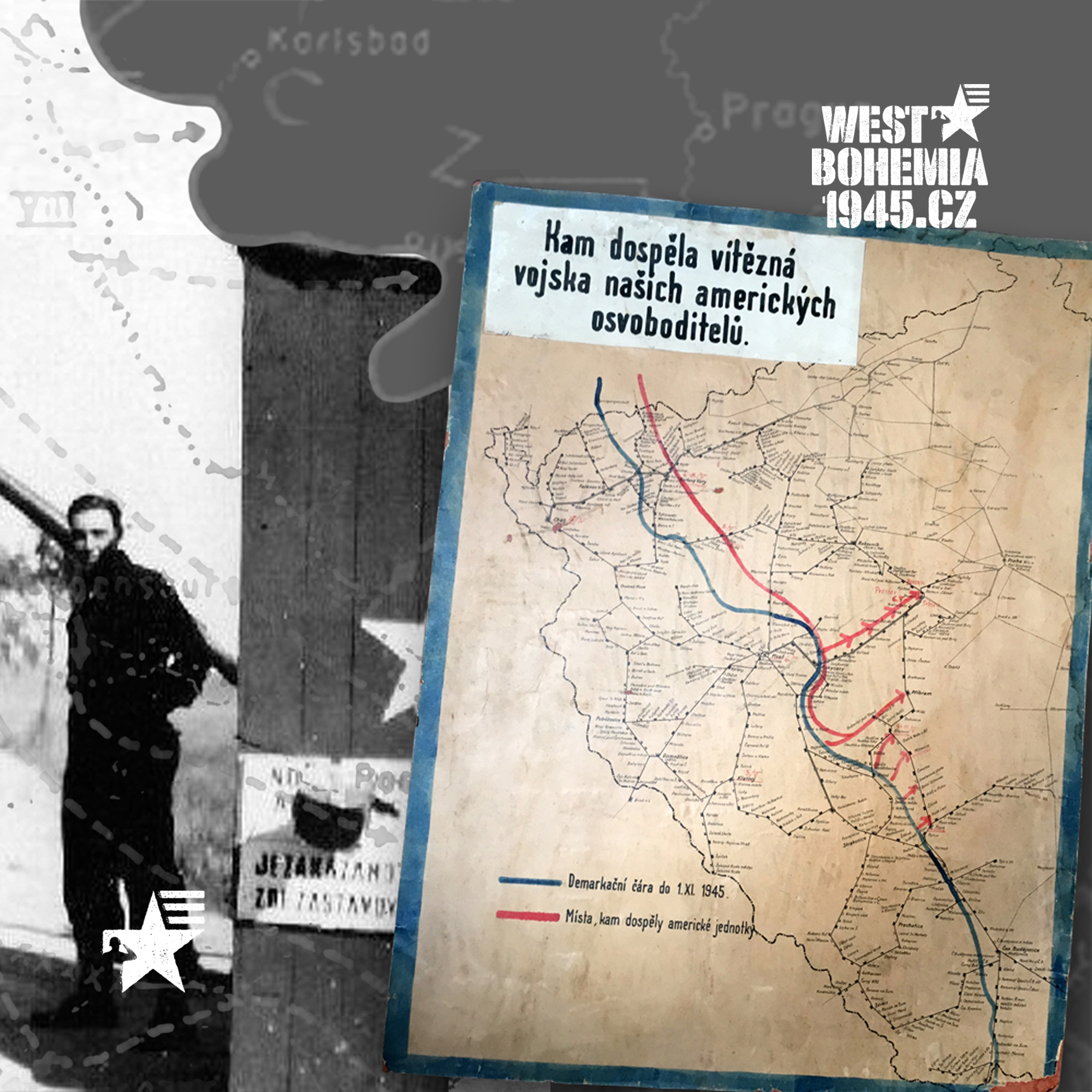 IR3001 POST-WAR CZECHOSLOVAKIA RAILWAY MAP OF THE PROTECTORATE BOHEMIA AND MORAVIA WITH A DRAWING US ARMY IN CZECHOSLOVAKIA AND DEMARCATION LINE NOV 1945